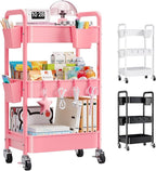 3 Tier Pink Rolling Cart with Lockable Wheels, Metal Utility Carts Organizer on Wheels for Kitchen, Nursery, Snack, Bedside Cart for Baby Essentials, Easy Assemble Mobile Storage Roller Trolley