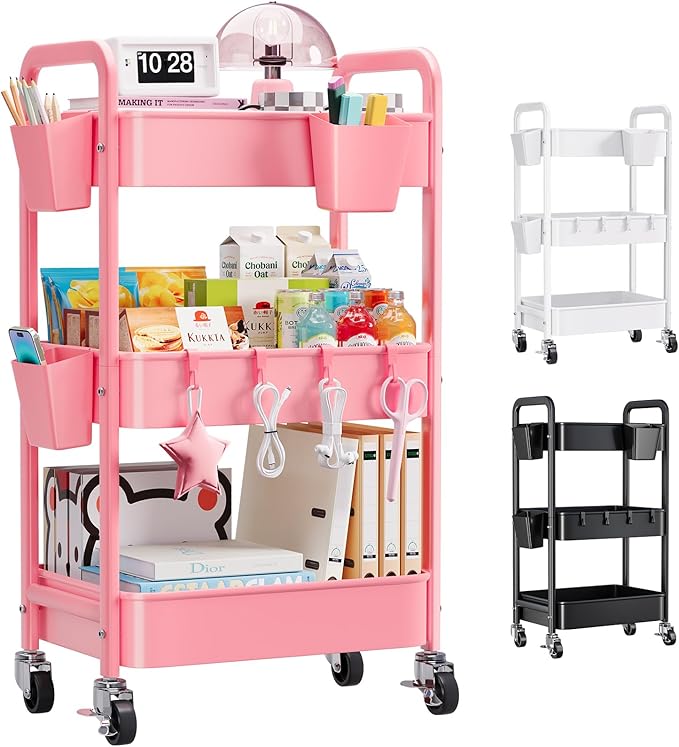 3 Tier Pink Rolling Cart with Lockable Wheels, Metal Utility Carts Organizer on Wheels for Kitchen, Nursery, Snack, Bedside Cart for Baby Essentials, Easy Assemble Mobile Storage Roller Trolley