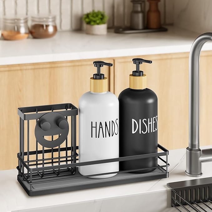 Moforoco Kitchen Dish Soap Dispenser Set, 16OZ Glass Bottle, Hand and Dish Soap Dispenser Set, Instant Dry Tray, Non-Slip Silicone Pad, Brush Holder with Smiley Face Sponge Holder, Kitchen Decor