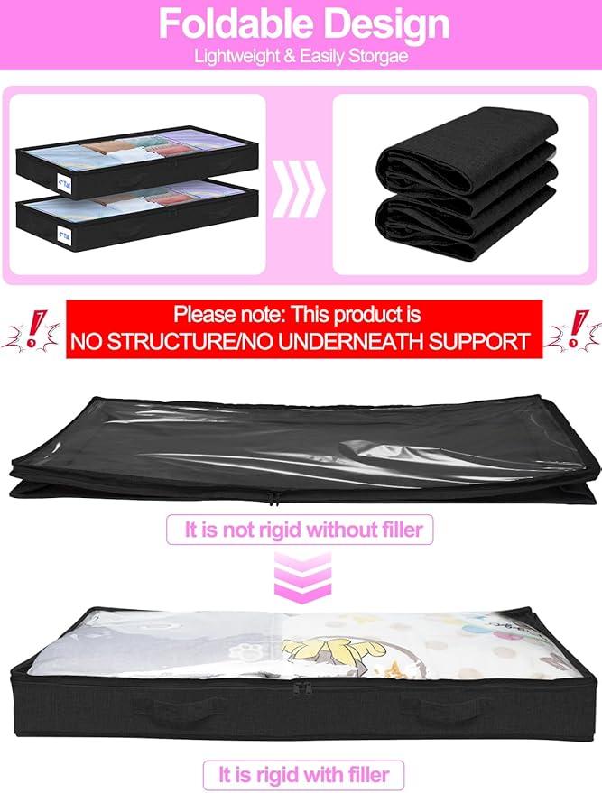 punemi Under Bed Storage Containers, Below 4 Inches Tall Low Profile Foldable Under Bed Storage,No Structure, Soft Fabric Blanket Storage and Clothing Storage with Zipper, 2 Pack, 20x40x3.7in, Black