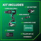 Metabo HPT 36V MultiVolt™ Cordless Brushless 1/2" Hammer Drill Kit, Power Drill Kit with Lithium-Ion Metabo Batteries , Case and Charger, Compact Lightweight Power Tool, DV36DC