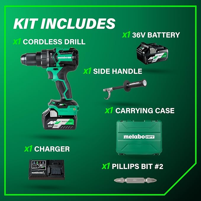 Metabo HPT 36V MultiVolt™ Cordless Brushless 1/2" Hammer Drill Kit, Power Drill Kit with Lithium-Ion Metabo Batteries , Case and Charger, Compact Lightweight Power Tool, DV36DC