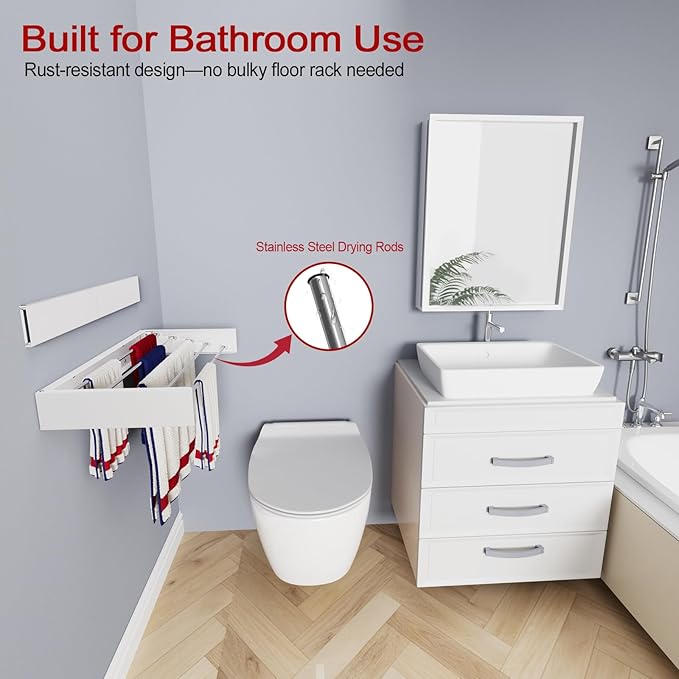 Wall Mounted Drying Rack 31.5", Foldable Laundry Drying Rack with Stainless Steel Rods, Retractable Laundry Space Saver for Indoor & Outdoor Use, Include Wall Template