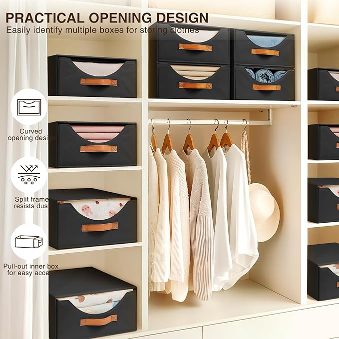 Closet Organizers and Storage - Large Stackable Storage Bins with Drawer, Fabric Bins for Organization, Collapsible Drawer Organizer Clothes for Bedroom, Living Room, 2 Pack, Black