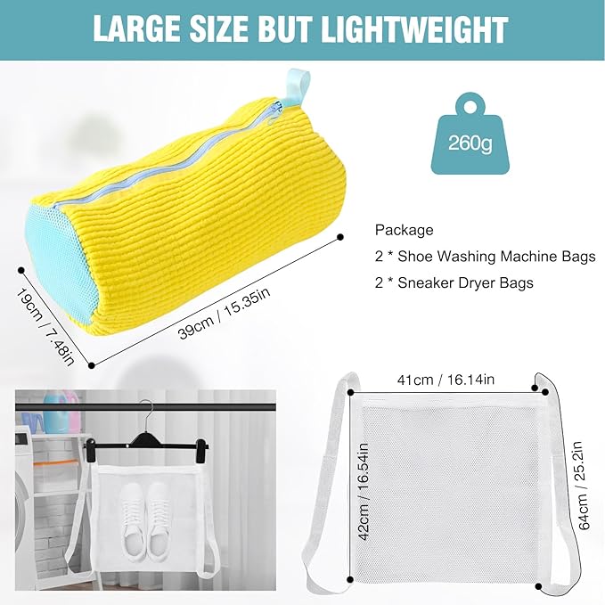 2 Pcs Shoe Washing Machine Bags, XXL Shoe Laundry Bags for Washer and Dryer, Sturdy Zipper with Hook Design, 2 Sneaker Dry Bags Included, Reusable Washing Bag for Sneaker, Tennis, Yellow 2 Packs