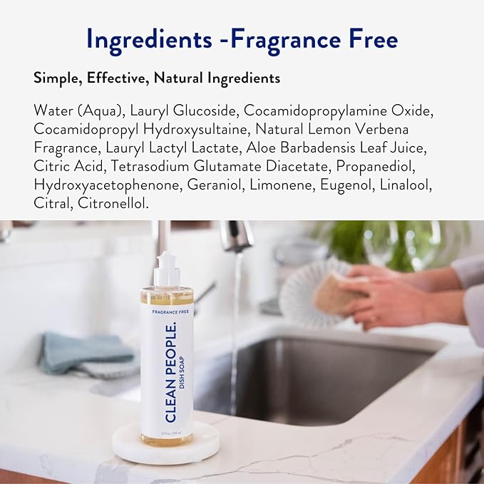 THE CLEAN PEOPLE Liquid Dish Soap - Clean, Simple Ingredients - Extra Scrubbing Power (Fragrance Free) 12 fl. oz (6 Pack)