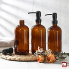 GMISUN Shampoo and Conditioner Dispenser, 3 Pack Amber Glass Bathroom Shampoo Conditioner Body Wash Dispenser with Pump for Shower, 17 Fl Oz Hand Soap Dish Soap and Lotion Dispenser Set for Kitchen