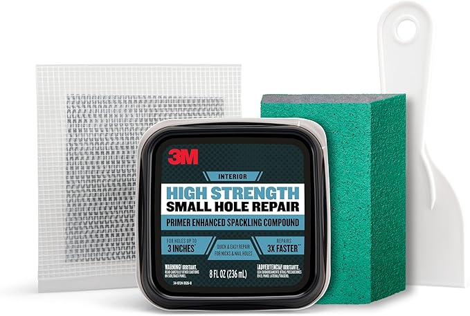 3M High Strength Small Hole Repair Kit, Inlcudes Spackling Compound, Putty Knife, Sanding Sponge, and Self-Adhesive Patch, For Hole Repairs Up To 3" in Diameter, Easy Wall Repair (SHR-SIOCKIT)