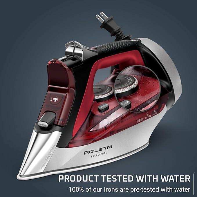 Rowenta, Iron, Focus Excellence Stainless Steel Soleplate Steam Iron for Clothes, Retractable Cord, 400+ Microsteam Holes, Powerful steam, LED Display, 1750 W Ironing Clothes, Cordreel, Red DW5433