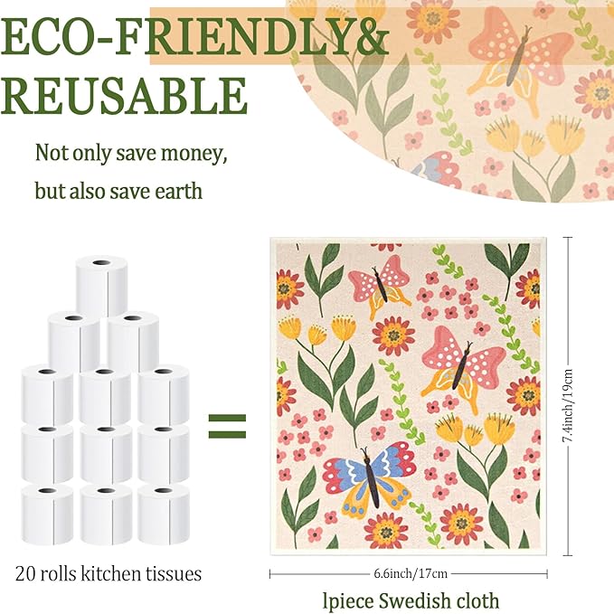 6 - Pack Swedish Kitchen Dish Cloths - Reusable Paper Towels for Counters & Dishes - Eco Friendly Cellulose Sponge Cloth - Assorted (Broken Flowers)