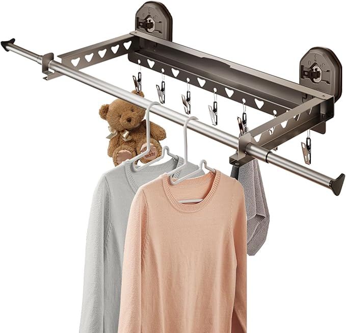 Extendable Clothing Dryer Rack, Invisible Folding Storage, Wall Mounted Drying Rack, Strong Suction Power, for Bed Linen, Clothing, Foldable Bathroom Wall Shelf (Curry Grey)
