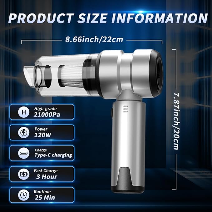 Car Vacuum Portable Cordless, 21000PA High Power Handheld Vacuum Cleaner with Brushless Motor,Mini Hand Held Vacuum Cordless Rechargeable Air Duster/Blower/Pump for Car, Home, Pet, Office