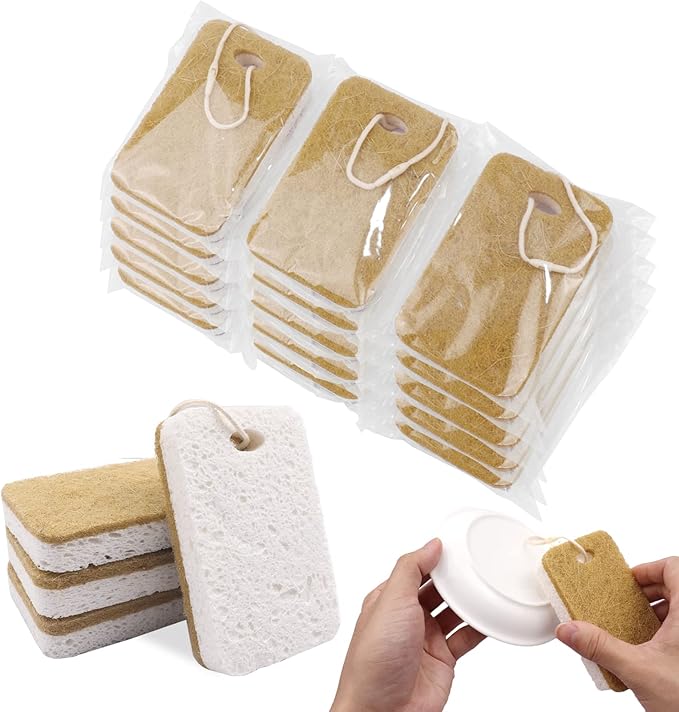 Natural Sponge, Sponges Individually Wrapped, Non Scratch Kitchen Cleaning Sponge Scouring Pad Cellulose Coconut Scrubbing Sponge for Washing Dishes (Pack of 12 - Yellow)