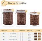 Round Water Hyacinth Laundry Hamper with Lid Handwoven Wicker Basket with Handles for Dirty Clothes, Storage, and Organization Ideal for Bedroom, Bathroom, and Laundry Room, No Assembly Required, 90L