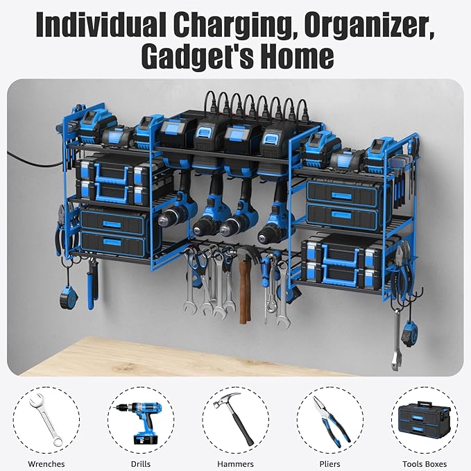 CCCEI Blue Power Tool Organizer Wall Mount, Large Tools and Battery Storage Rack Charging Station Individual Switches. Drills Holder, Garage Utility Shelves with 6FT Power Strip. Gift for Men.