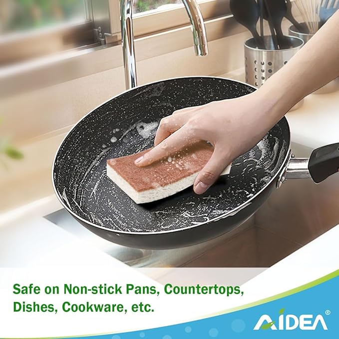 AIDEA Sponges Non Scratch, 6Count, Natural Sponge for Non Stick Cookware, Sponges Kitchen, Cellulose Scrub Sponge for Dishes, Cleaning Power for Kitchen, Bathroom, Household