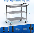 WDT 1350Lbs Capacity Heavy Duty Rolling Utility Cart, Large 3 Tier Rolling Carts with Wheels 24" Dx45 Wx39 H, NSF Commercial Grade Roll Metal Cart, Trolley Serving Cart for Garage, Kitchen, Warehouse