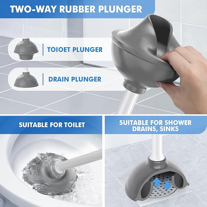 Toilet Plunger and Brush with Holder, Bowl Brush and Heavy Duty Toilet Plunger Set with Ventilated Holder, 2-in-1 Toilet Brush and Plunger Combo for 5.3-inch Toilet Drain New Pack (White, 1)