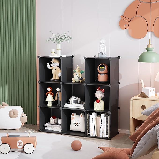 C&AHOME Cube Storage, 9-Cube Bookshelf, Plastic Closet Cabinet Organizer, DIY Stackable Bookcase, Modular Shelving Units Ideal for Home, Office, Kids Room, 36.6" L x 12.4" W x 48.4" H Black SHS3009A