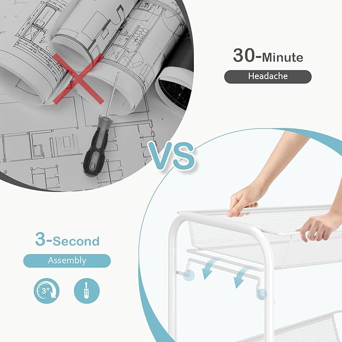 TOOLF 4-Tier Rolling Cart, Metal Utility Cart with 3 Hooks, Easy Assemble Mobile Storage Trolley On Wheels, Metal Shelving Units Kitchen Bathroom Laundry Room