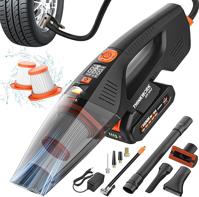 THINKWORK 20V Car Vacuum & Air Compressor, Dual Function High Power Handheld Cordless Vacuum with 18000pa Suction Power for Car Cleaning, Household Dust Removal, Inflation