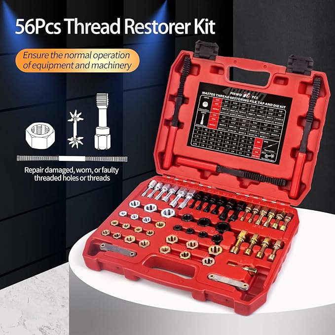 56Pcs Thread Chaser Repair Kit, Rethread Repair Tool, UNC UNF & MetricThread Restorer Set with Thread Pitch Gauge
