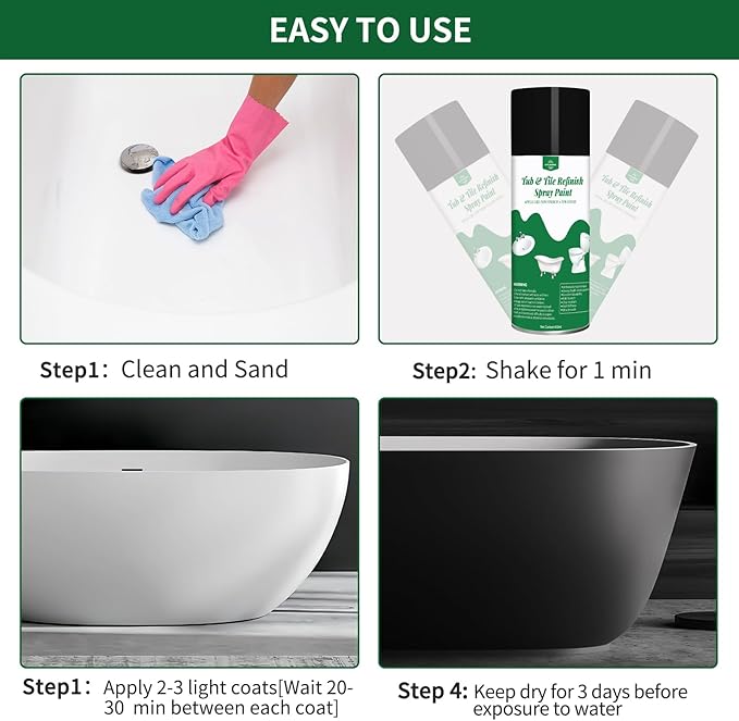 styleonme Tub and Tile Spray Paint Black, 450ml 1 pack, Diy Countertop Paint kit, Suitable for Ceramic, Porcelain, Fiberglass, Bathtub, Tile, Bathroom wall Repair Spray Paints