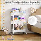 3 Tier Rolling Cart with Wheels, Metal Utility Storage Cart on Wheels, Craft Carts Organizer with Hanging Cups, Hooks, Three Tiered Rolling Carts for Bathroom, Laundry Room, Nursery, Office, White