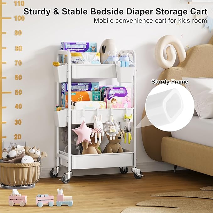 3 Tier Rolling Cart with Wheels, Metal Utility Storage Cart on Wheels, Craft Carts Organizer with Hanging Cups, Hooks, Three Tiered Rolling Carts for Bathroom, Laundry Room, Nursery, Office, White