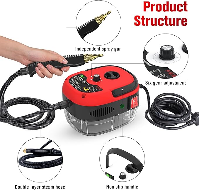 Steam Cleaner, 2500W High Pressure Steam Cleaner for Cleaning, 1.2L Portable Car Steamer with Brush Heads Gloves Scraper handheld Steam Cleaner for Home Use Kitchen Grease Car Detailing (110V, Red)