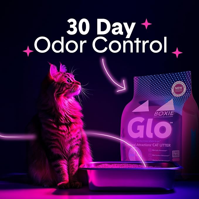 Boxie Glo Clumping Clay 30 Day Odor Control Cat Litter, 99.9% Dust-Free, Low Tracking, UV Light Attractant, 28 lb