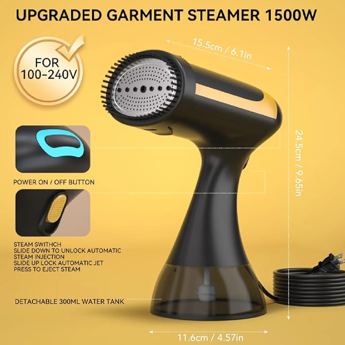 Steamer for Clothes, Portable Handheld Steam Iron with 300ml Big Capacity, Fast Heat Up, 1500W Garment Wrinkles Remover, Small Steamer for Home Travel