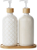 Getstar Hand and Dish Soap Dispenser Set, Ceramic Soap Dispenser for Bathroom and Kitchen with Rust Proof Pump and Tray, Set of 2 (White Pump)