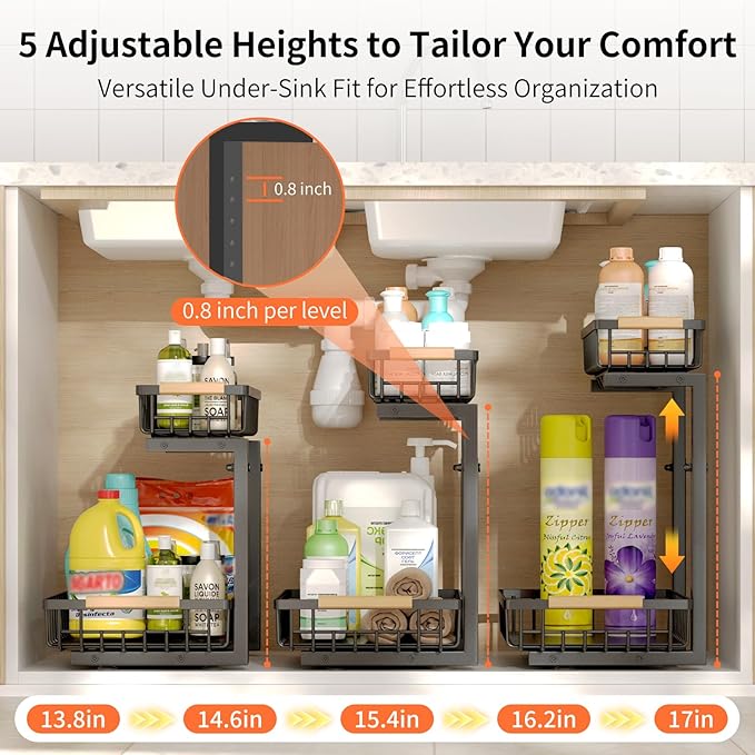 Under Sink Organizer, 2 Pack Under Sink Organizers and Storage, 2-Tier Pull Out Under Cabinet Organizer Storage Shelf, Metal Frame, Height Adjustable Rack for Bathroom Kitchen Pantry