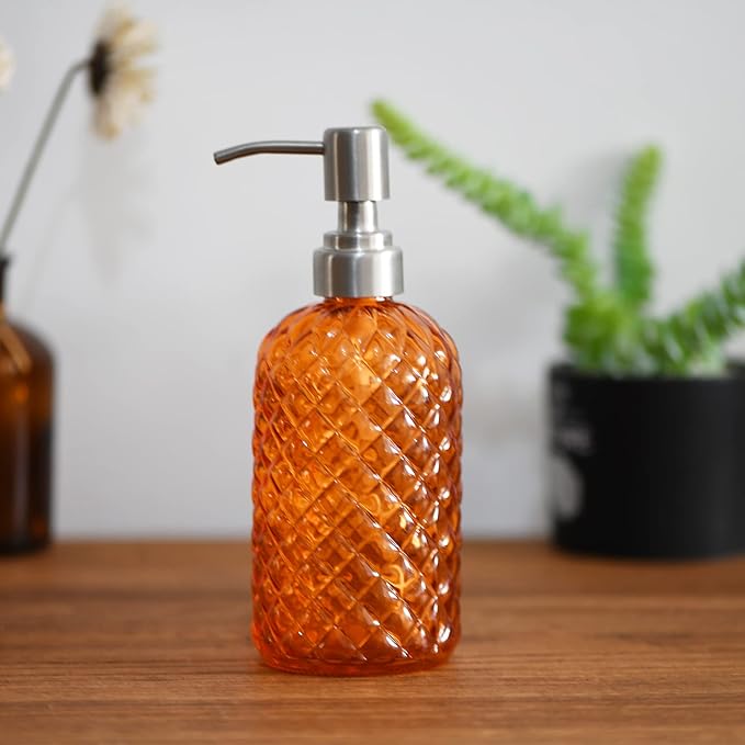 16 oz Diamond Pattern Glass Soap Dispenser, Kitchen and Bathroom Refillable Soap Dispenser with Rust Resistant Stainless Steel Pump for Hand Soap, Lotion Glass Liquid Dispenser (Orange-2pack)