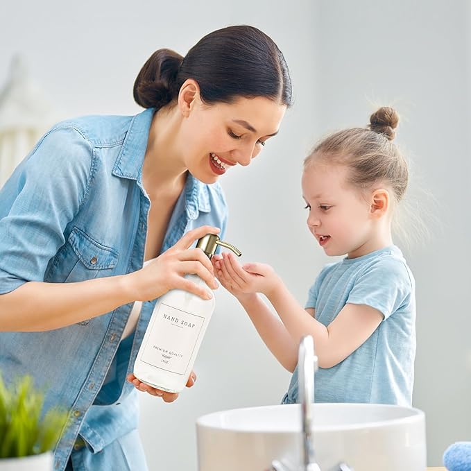 Glass Soap Dispenser for Kitchen Sink,Farmhouse Kitchen Dish Soap Dispenser&Hand Soap Dispenser Set,Rustproof Pump Soap Dispenser Bathroom with Tray,Waterproof Label for Kitchen Decor(Clear