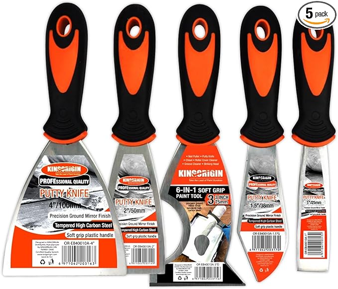 Putty Knife Set, 5 Piece Stainless Steel Paint Scraper (1" 1.5" 2" 3" 4"), Multi-use Scraper Tool, Spackle Knife for Applying Putty, Filling Gaps, Scraping Away Old Paint or Caulk