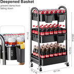 3 Tier Metal Rolling Cart with Lockable Wheels, Heavy Duty Three Tiered Baby Cart Organizer on Wheels, Black Utility Storage Trolley Carts for Art, Craft, Snack, Nursery, Diaper,Cleaning Supplies,Mesh