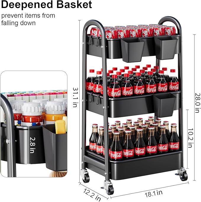 3 Tier Metal Rolling Cart with Lockable Wheels, Heavy Duty Three Tiered Baby Cart Organizer on Wheels, Black Utility Storage Trolley Carts for Art, Craft, Snack, Nursery, Diaper,Cleaning Supplies,Mesh
