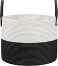 JMvicyroam 65L Extra Large Blanket Basket for Living Room - Woven Cotton Rope Laundry Hamper with Reinforced Handles - Storage Bin for Pillows, Comforters & Toys - Machine Washable,White&Black