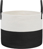 JMvicyroam 65L Extra Large Blanket Basket for Living Room - Woven Cotton Rope Laundry Hamper with Reinforced Handles - Storage Bin for Pillows, Comforters & Toys - Machine Washable,White&Black