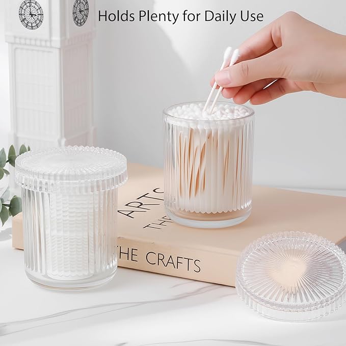 rejomiik Glass Qtip Holder Dispenser 2 Pack, Bathroom Canister Apothecary Jars with Lids, Vanity Makeup Accessories Storage Organizer for Cotton Swabs, Cotton Balls, Pads, Floss Picks, Clear