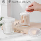 rejomiik Glass Qtip Holder Dispenser 2 Pack, Bathroom Canister Apothecary Jars with Lids, Vanity Makeup Accessories Storage Organizer for Cotton Swabs, Cotton Balls, Pads, Floss Picks, Clear