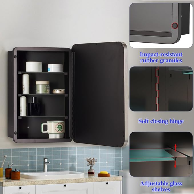 Bathroom Medicine Cabinet,20"x26" Mirror Door with Stainless Steel Brush Nickel Frame,Recessed & Surface Wall Cabinet with Glass Shelves, Rust-Resistant Bathroom Storage Cabinet
