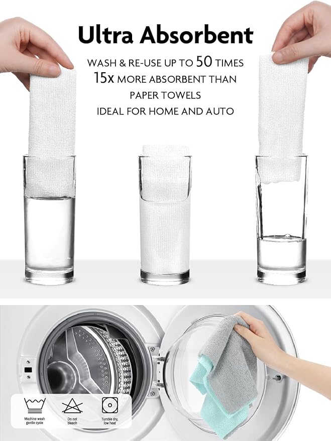 Fantasticlean Microfiber Cleaning Cloth Roll -60 Pack, Tear Away Microfiber Towels, 12" x 12", Reusable, Washable, Scratch Free, Ultra Absorbent Dishcloth for Car, Home Supplies (White & Blue)