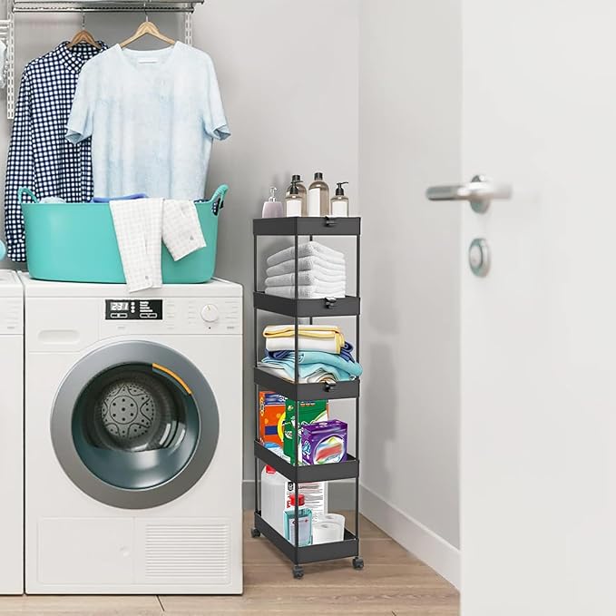 SPACEKEEPER 5-Tier Rolling Cart, Bathroom Storage Organizer Utility Cart, Mobile Shelving Unit Slide Out Shelves for Kitchen Living Room Laundry Room & Dressers, Black