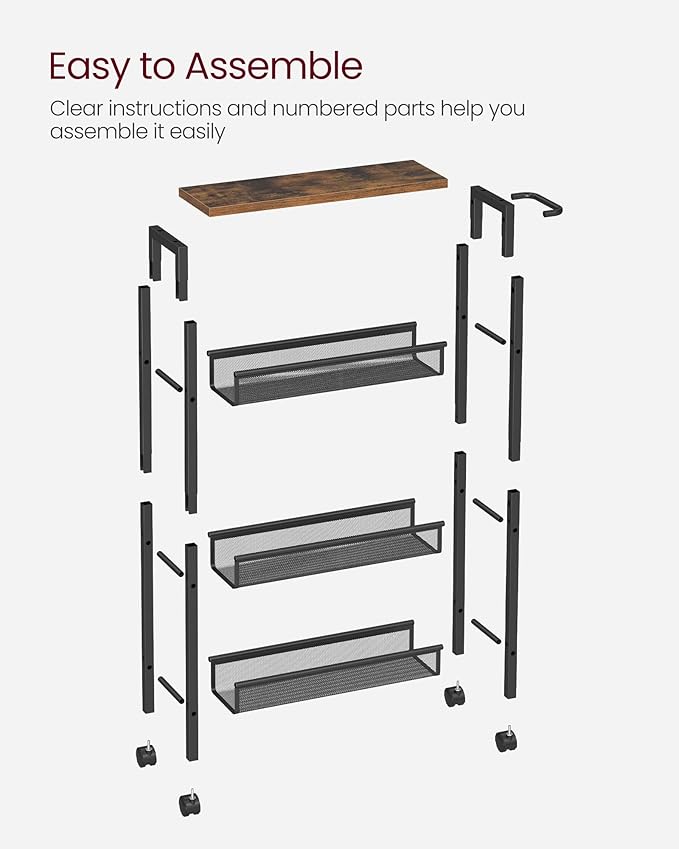 VASAGLE Slim Rolling Cart, 4-Tier Narrow Storage Cart with Handle, 5.1 Inches Deep, Metal Frame, for Kitchen, Dining Room, Living Room, Home Office, Rustic Brown and Classic Black ULRC032B01V1
