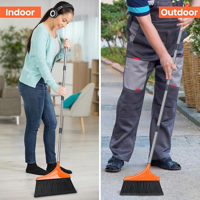 Heavy-Duty Angle Broom for Floor Cleaning with 52" Long Handle Stiff Bristle Angle Commercial and Industrial Broom, Indoor Outdoor Broom for Garage Kitchen Office Lobby Patio