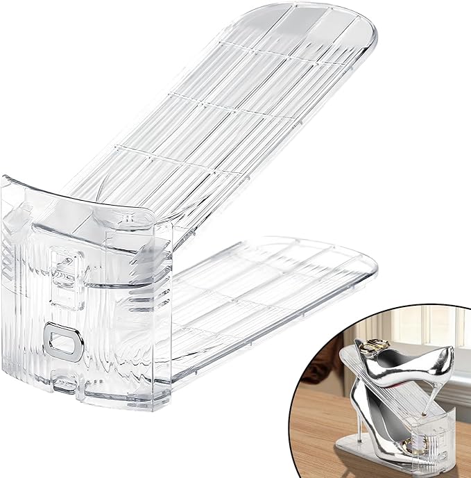 Shoe Slots Organizer, 10-Pack Adjustable Double Deck Shoe Stacker, Clear Space Saver Shoe Rack Holder for Closet Organization, Stackable Shoe Storage for Sneakers, Heels, Flats
