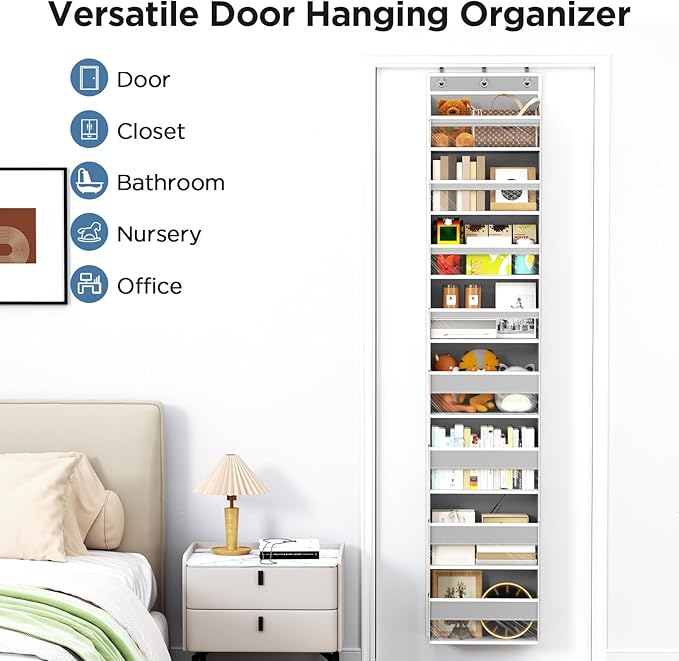 Over The Door Organizer, 8 Shelf Door Hanging Organizers with 8 Large Capacity Pockets, Back of Door Organizer Storage Hanging Shelves for Closet Bathroom Bedroom Nursery